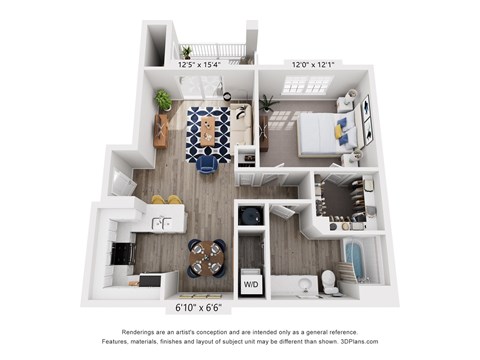 A 3D floor plan of a house with a kitchen, living room, and bathroom.